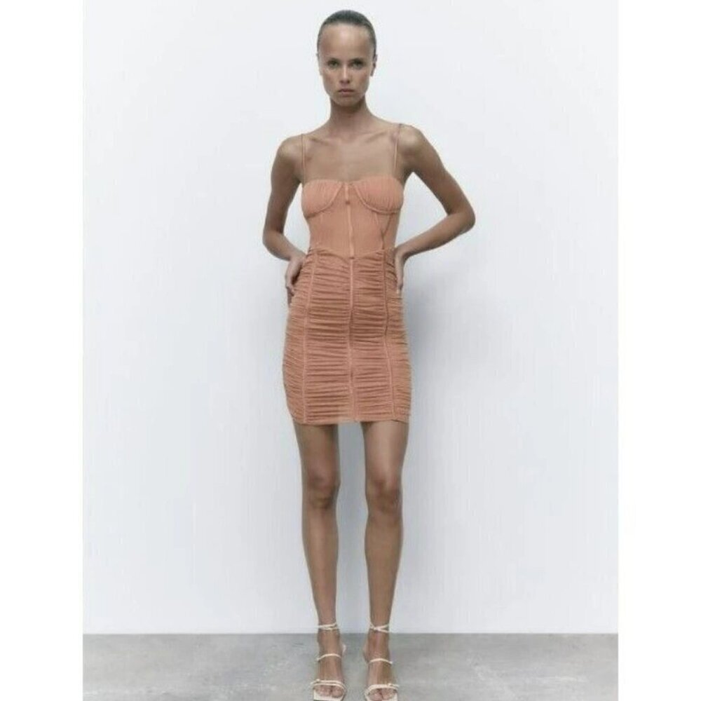 NWOT Zara dusty rose nude ruched tulle corset mini dress, XS